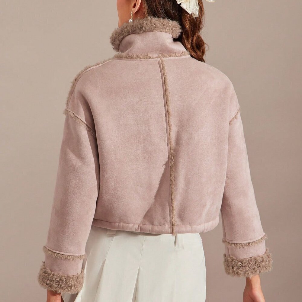 Mauve Purple Casual Women's Loose Drawstring Hem Faux Fur Trim Short Jacket - Picture 6 of 7